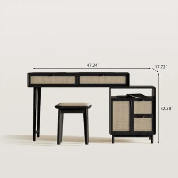 Mid Century Rattan Makeup Vanity With Stool %26 Side Cabinet 8352